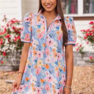 Umgee Blue Floral Puff Sleeve Mini Dress